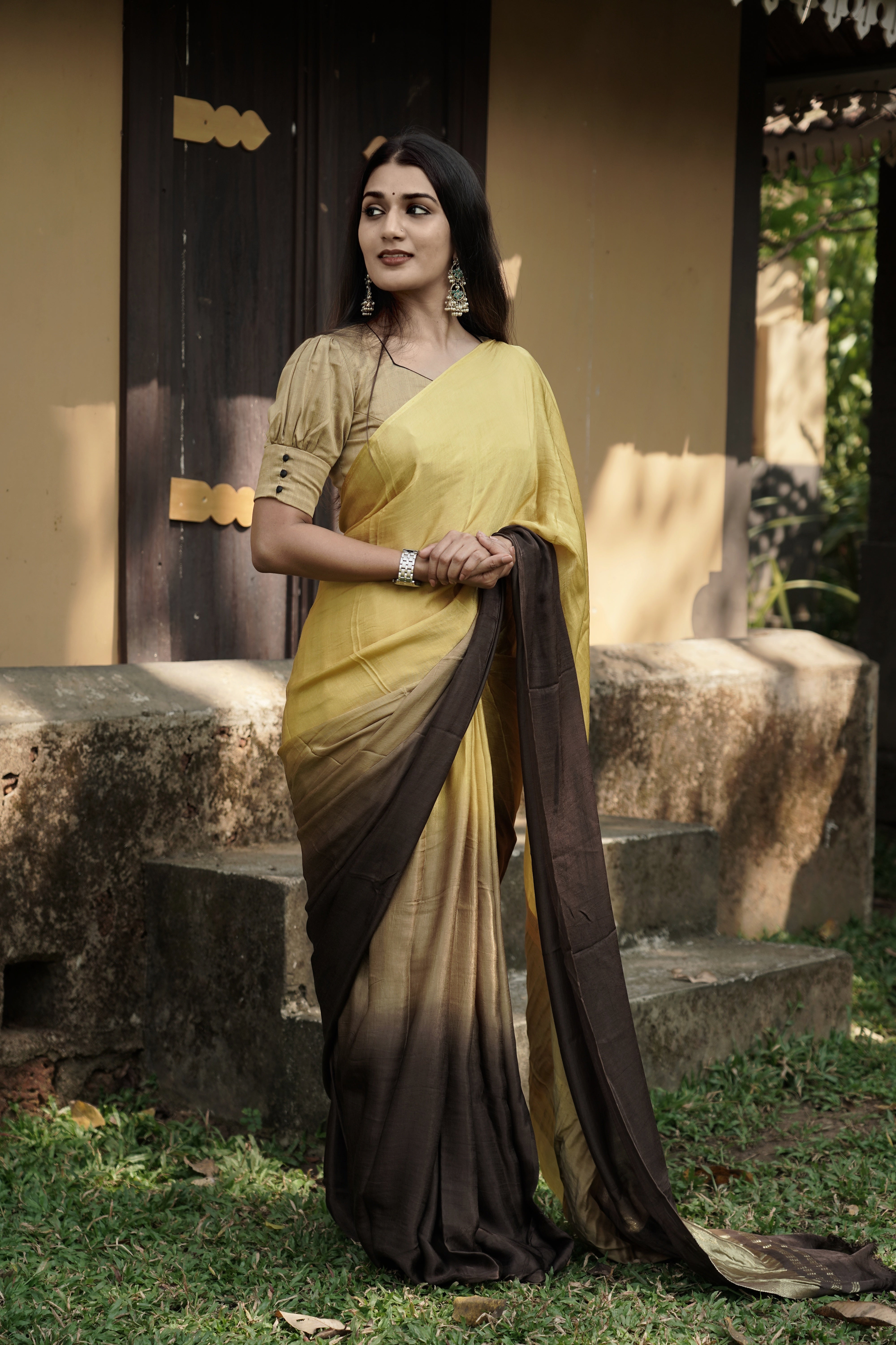 Golden Beige and Coffee Brown Ombre Modal Silk Saree with Tissue Pallu,   SS1035
