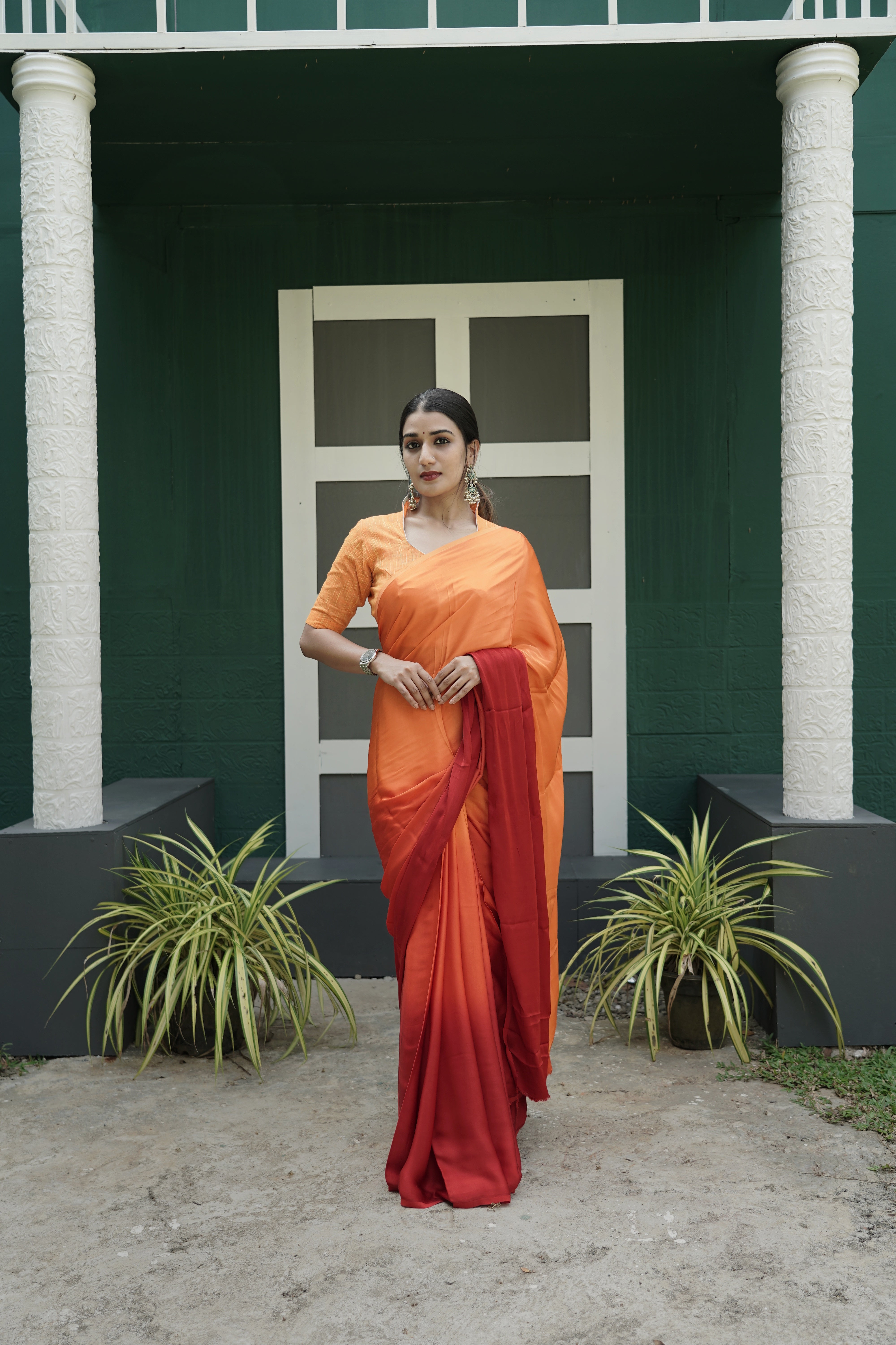 Ombre Modal Silk Saree with Running Blouse Piece ,Mustard and Rust Orange , SS1033