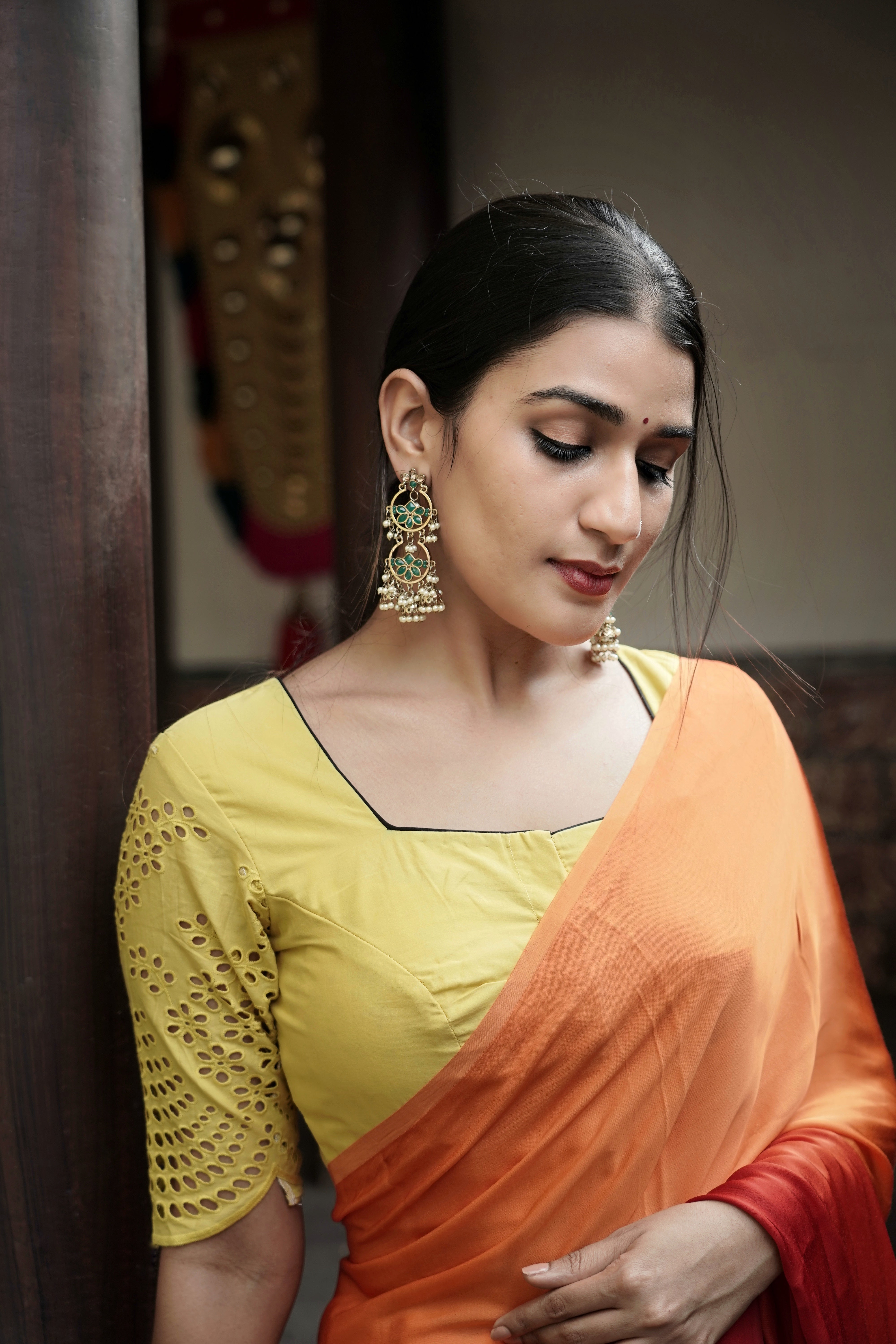 Ombre Modal Silk Saree with Running Blouse Piece ,Mustard and Rust Orange , SS1033