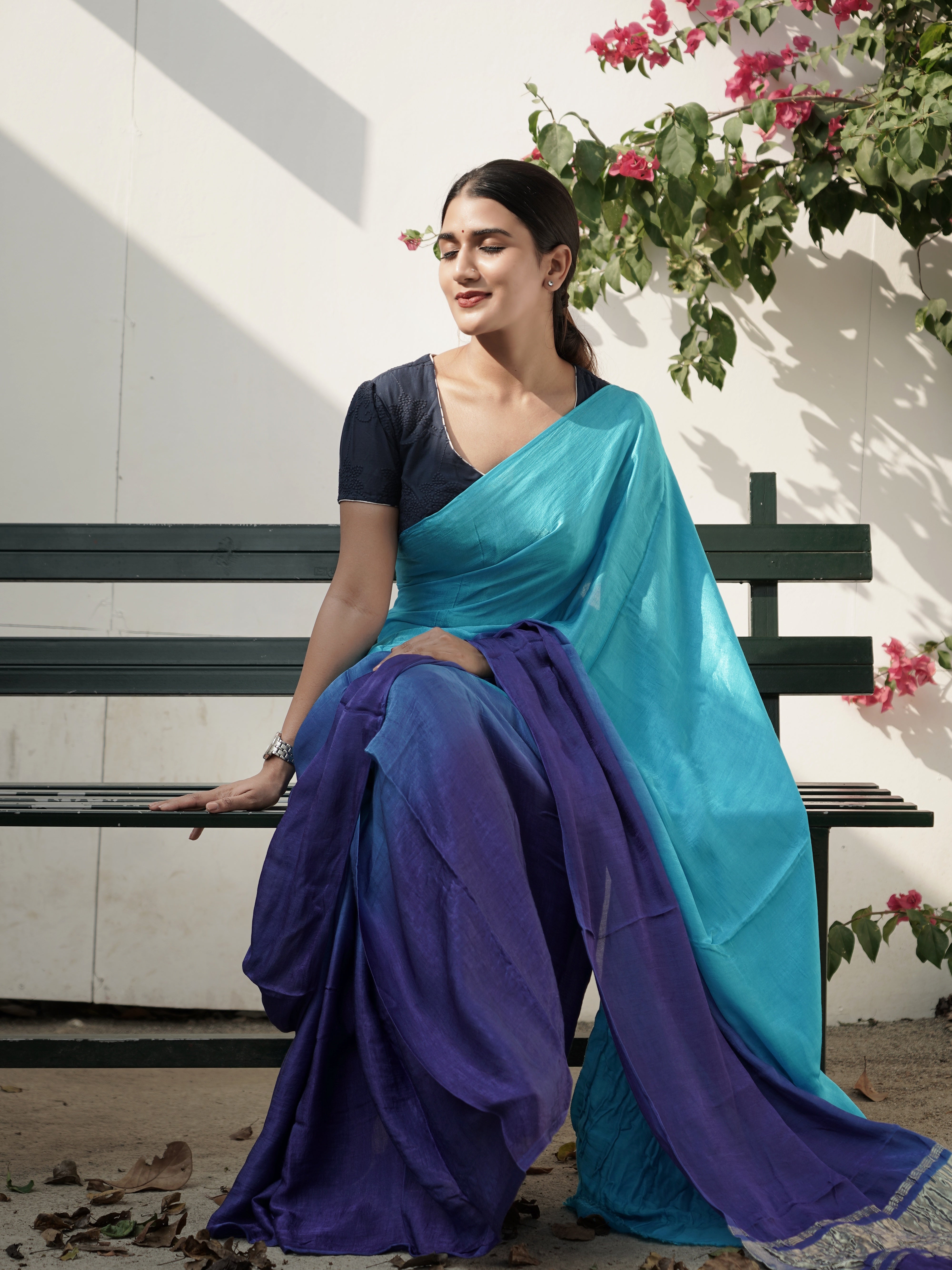 Ombre Blue Modal Silk Saree with Tissue Pallu Running Blouse
