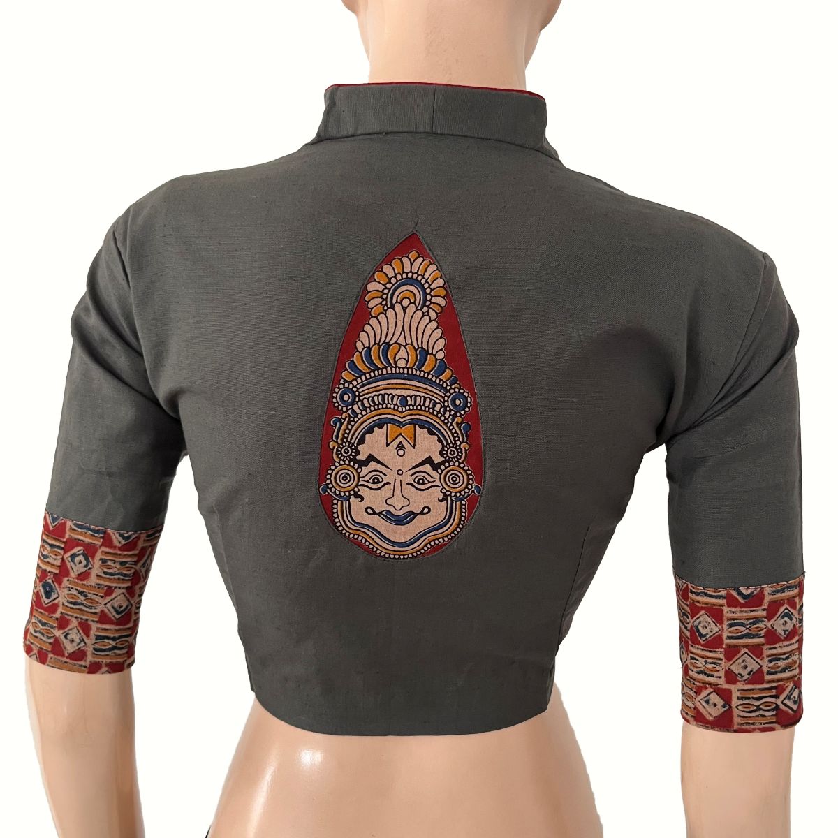 Flex Cotton High neck Blouse with Kalamkari Patches,  Grey, BH1339