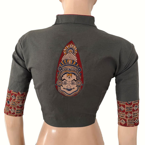 Flex Cotton High neck Blouse with Kalamkari Patches,  Grey, BH1339