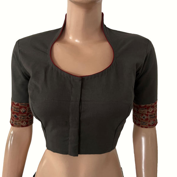 Flex Cotton High neck Blouse with Kalamkari Patches,  Grey, BH1339