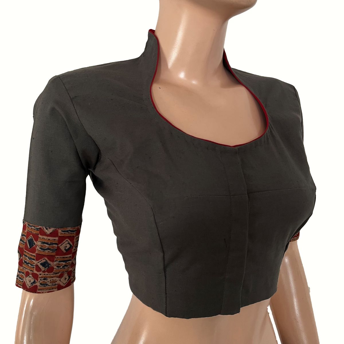 Flex Cotton High neck Blouse with Kalamkari Patches,  Grey, BH1339