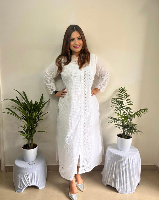 Cotton Cutwork Straight cut Kurti with Chinese Collar & Lining, Pure White, KW1001