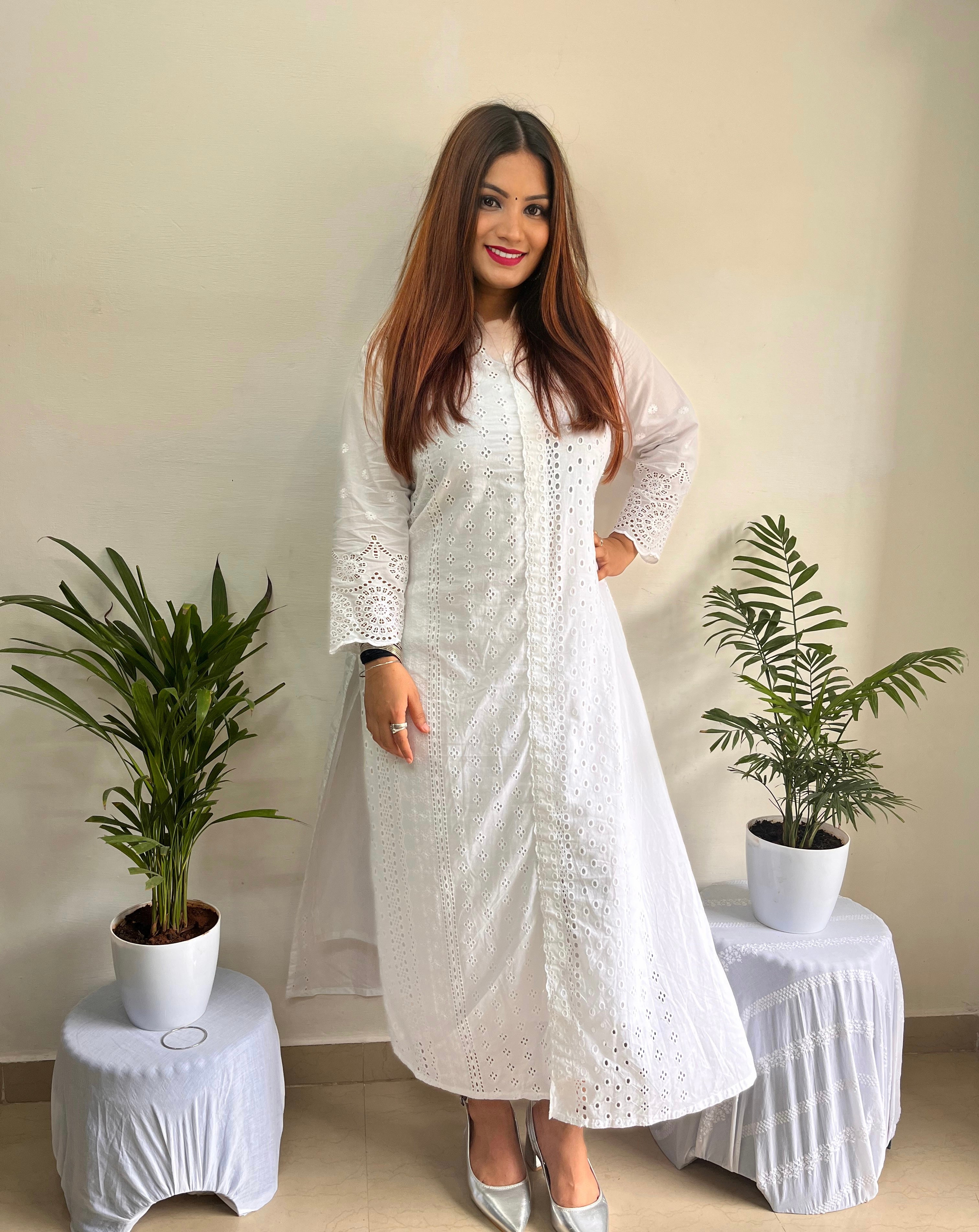 Cotton Cutwork Straight cut Kurti with Chinese Collar & Lining, Pure White, KW1001