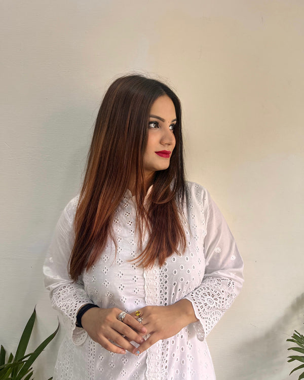 Cotton Cutwork Straight cut Kurti with Chinese Collar & Lining, Pure White, KW1001