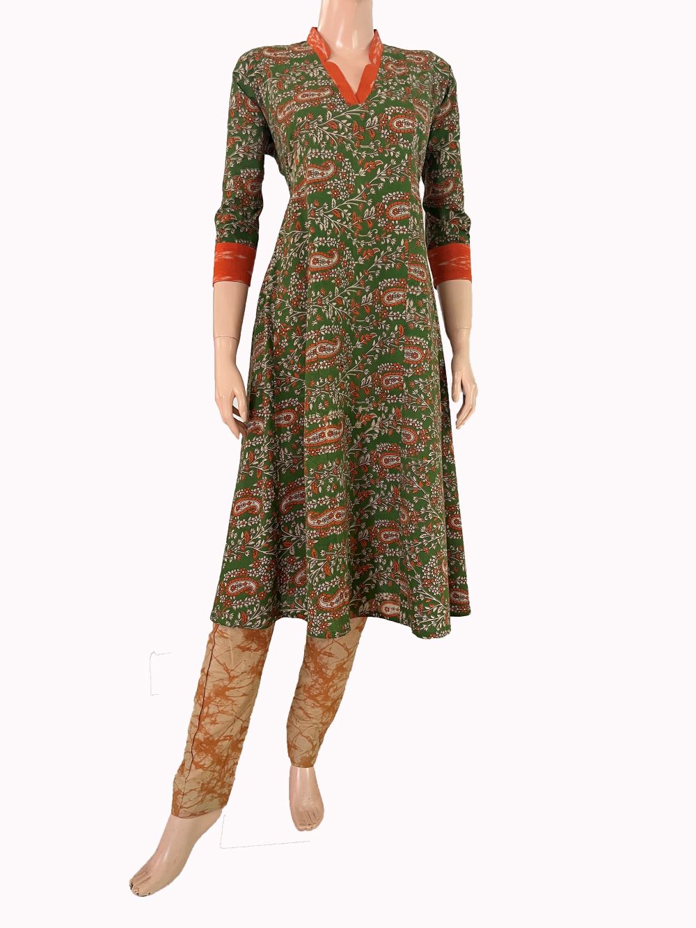 Kalamkari Cotton V Collar  A Line Kurta with Ikat Patches,  Light Green,  KK1089