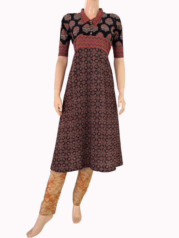 Ajrakh Cotton Collar neck A Line Kurta with Wooden Button details, Black, KA1030