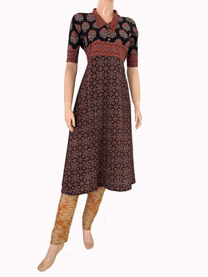 Ajrakh Cotton Collar neck A Line Kurta with Wooden Button details, Black, KA1030