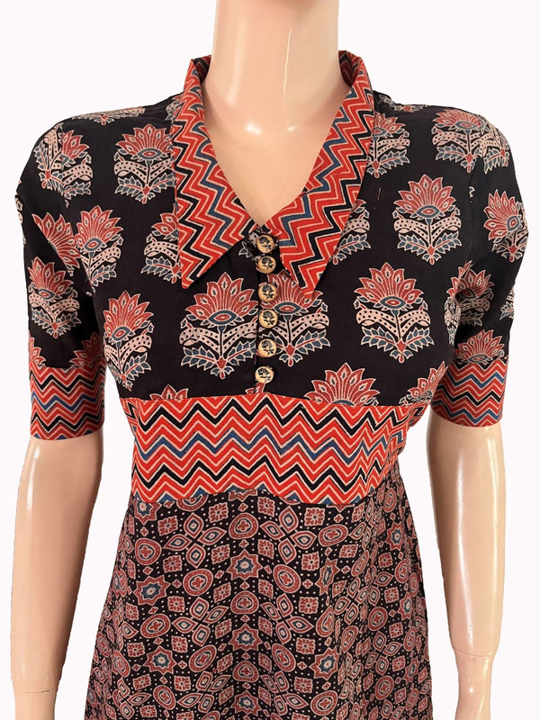 Ajrakh Cotton Collar neck A Line Kurta with Wooden Button details, Black, KA1030