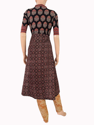 Ajrakh Cotton Collar neck A Line Kurta with Wooden Button details, Black, KA1030