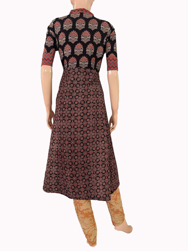Ajrakh Cotton Collar neck A Line Kurta with Wooden Button details, Black, KA1030