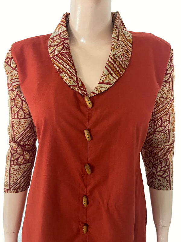Cotton kurta with kalamkari collar and sleeves, wooden button details with Pocket  , Rust , KH1087