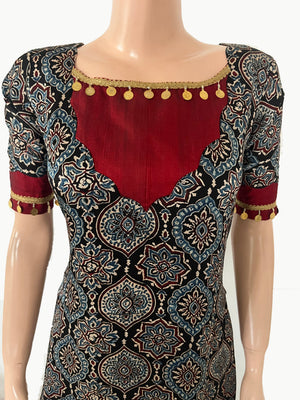 Modal silk Ajrakh kurta, V neck with raw silk patches, half sleeve, A Line, coin lace details, Black,  KS1008
