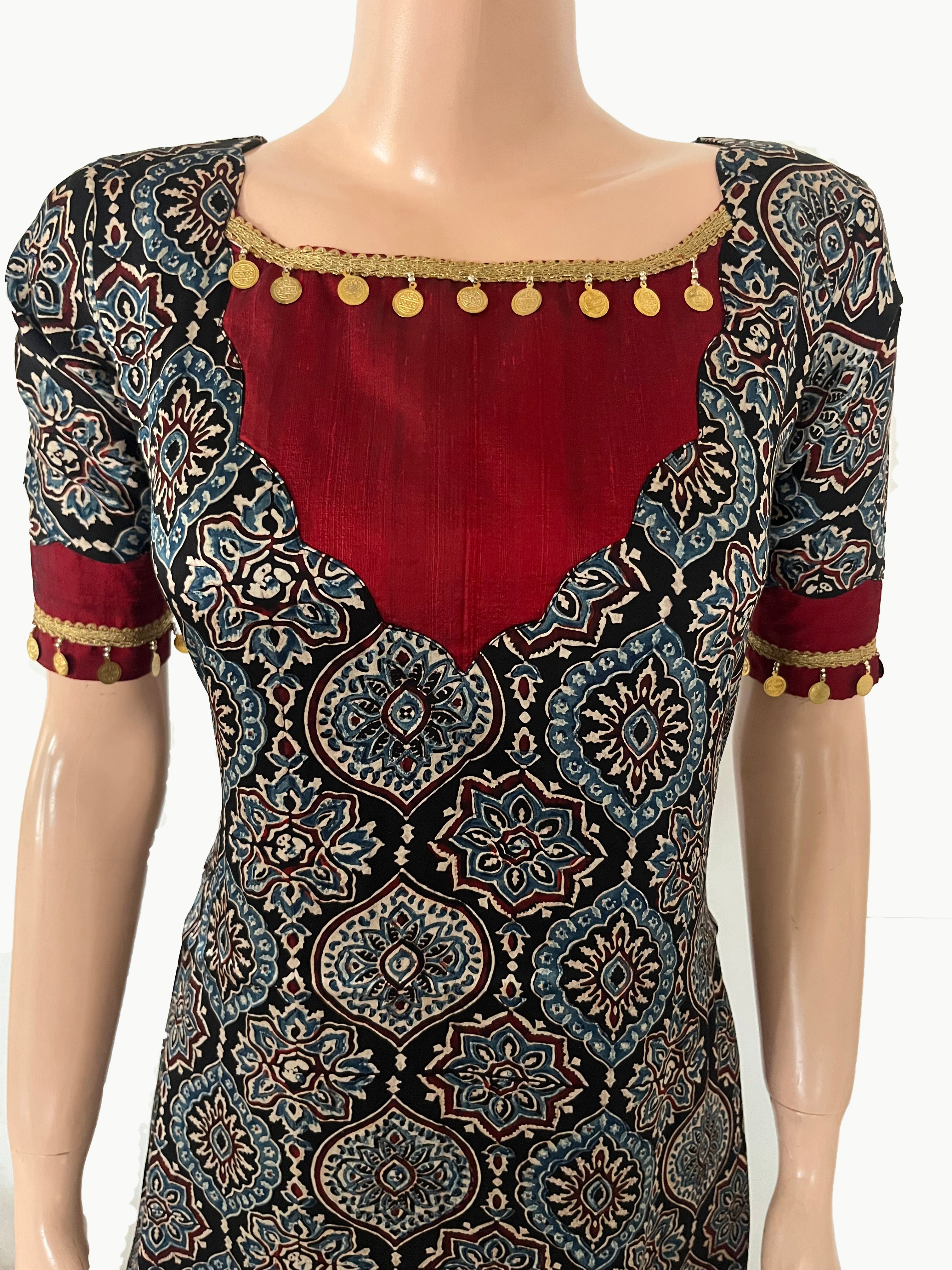 Modal silk Ajrakh kurta, V neck with raw silk patches, half sleeve, A Line, coin lace details, Black,  KS1008