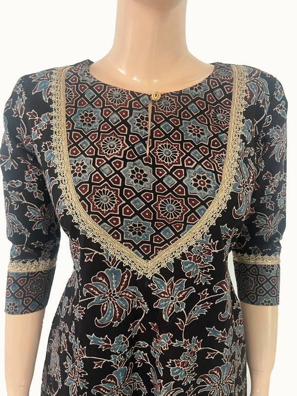Ajrakh Cotton A Line Close neck Kurta with 3/4 Sleeves  & Lace details with Pocket , Black ,KA1047