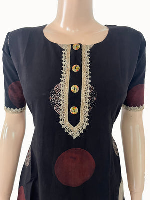 Ajrakh Cotton A Line Round Neck Kurta  with Half Sleeves, Lace and Button Details with Pocket  , Black ,KA1046
