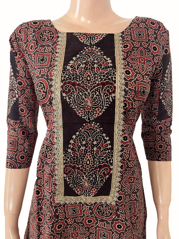Ajrakh Cotton  Straight Cut  Kurta with Shirt Collar & Lace Details , Pocket , Brown, KA1063
