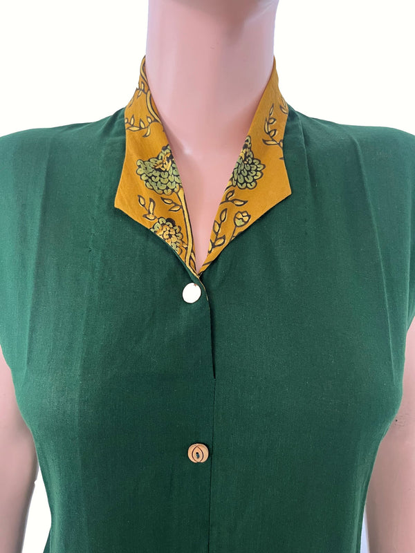 Pure Cotton Straight Cut Kurta with Ajrakh Collar, Mega Sleeves & Wooden Button Details with Pockets, Green, KH1089