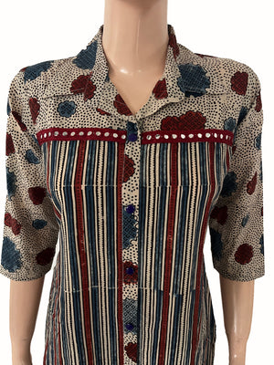 Ajrakh Cotton Shirt collar Straight Cut  Kurta with Lace and Button Details with Pocket , Multicolor, KA1051
