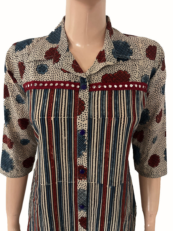 Ajrakh Cotton Shirt collar Straight Cut  Kurta with Lace and Button Details with Pocket , Multicolor, KA1051