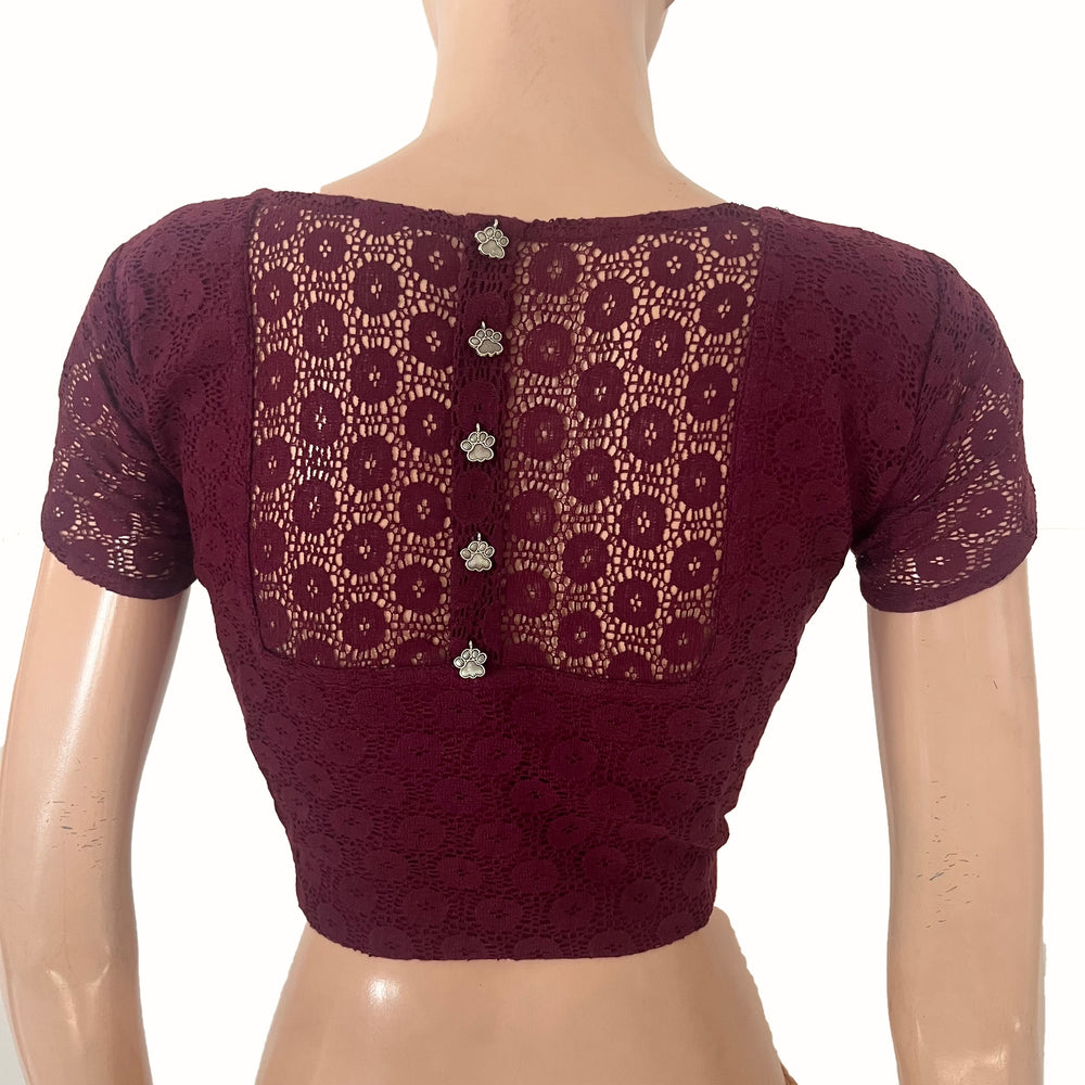 Cotton Net Square Neck Blouse with Tulip Sleeves, Metal Embellishments & Lining , Wine , BW1180