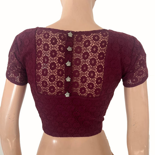 Cotton Net Square Neck Blouse with Tulip Sleeves, Metal Embellishments & Lining , Wine , BW1180