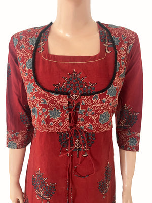 Ajrakh Cotton Jacket Style A Line Kurti with Dori, Lace Detailing & Pockets, Maroon, KA1065