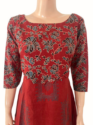 Ajrakh Cotton A Line Boat Neck Kurta with Patch Detailing & Pockets, Maroon, KA1066