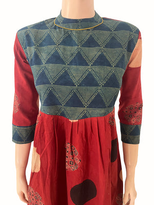 Ajrakh Cotton A Line Kurta with Close Collar & Pockets, Maroon - Blue , KA1067