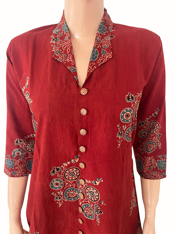 Ajrakh Cotton Straight Cut Kurta with Wooden Button and Collar Details & Pockets , Maroon , KA1068