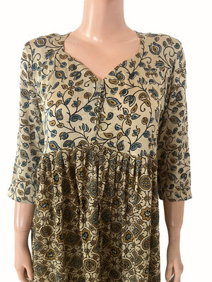 Ajrakh Printed Modal Silk Pleated Kurta with Y Neck Potli Button Details & Pocket , Ivory Blue , KS1010