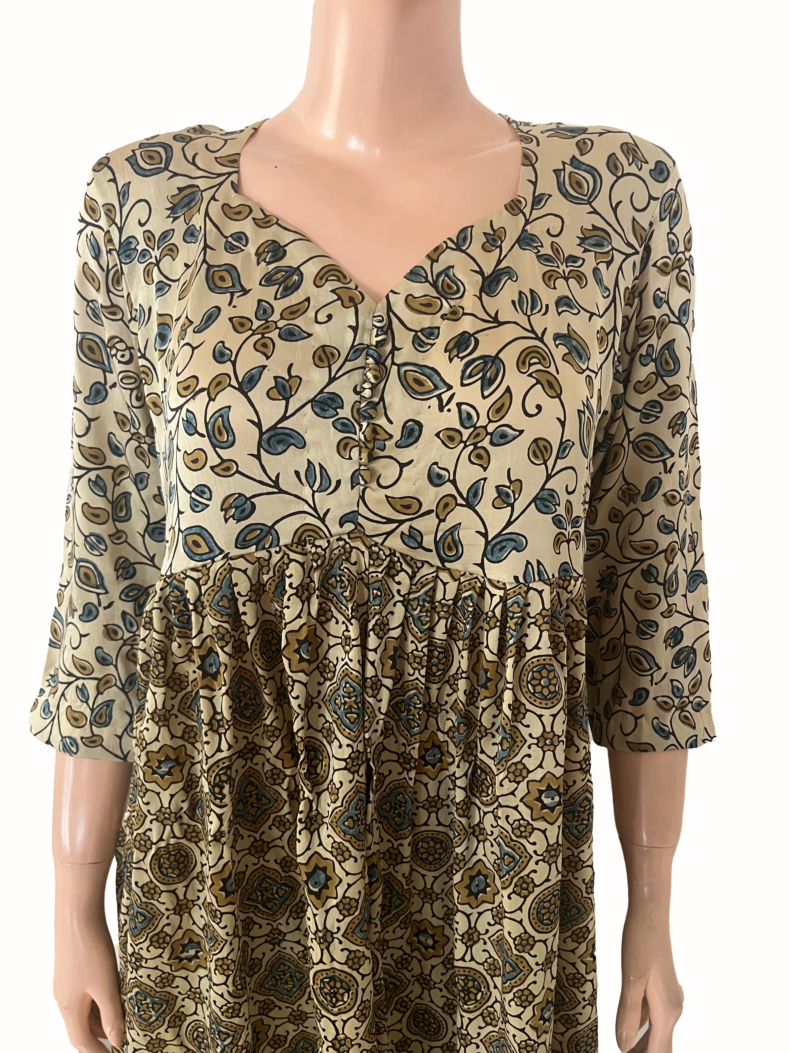 Ajrakh Printed Modal Silk Pleated Kurta with Y Neck Potli Button Details & Pocket , Ivory Blue , KS1010