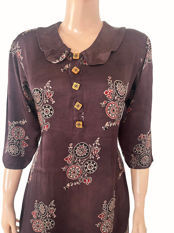 Ajrakh Printed Modal Silk A line Kurta  with Peter Pan Collar, Wooden Button Details & Pockets,  Brown, KS1013