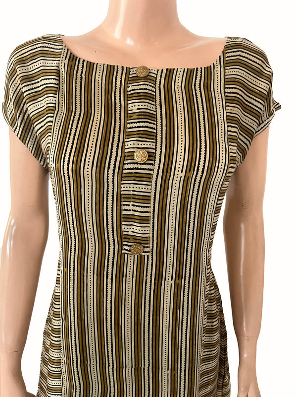 Ajrakh Striped Modal Silk A line Boat Neck Kurta with Golden Color Buttons, Mega Sleeves & Pockets , Beige, KS1014
