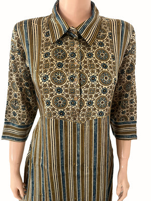 Ajrakh Striped Modal Silk Straight Cut Kurta with Shirt Collar, Golden Color Buttons, 3/4 Sleeves & Pocket , Beige, KS1015