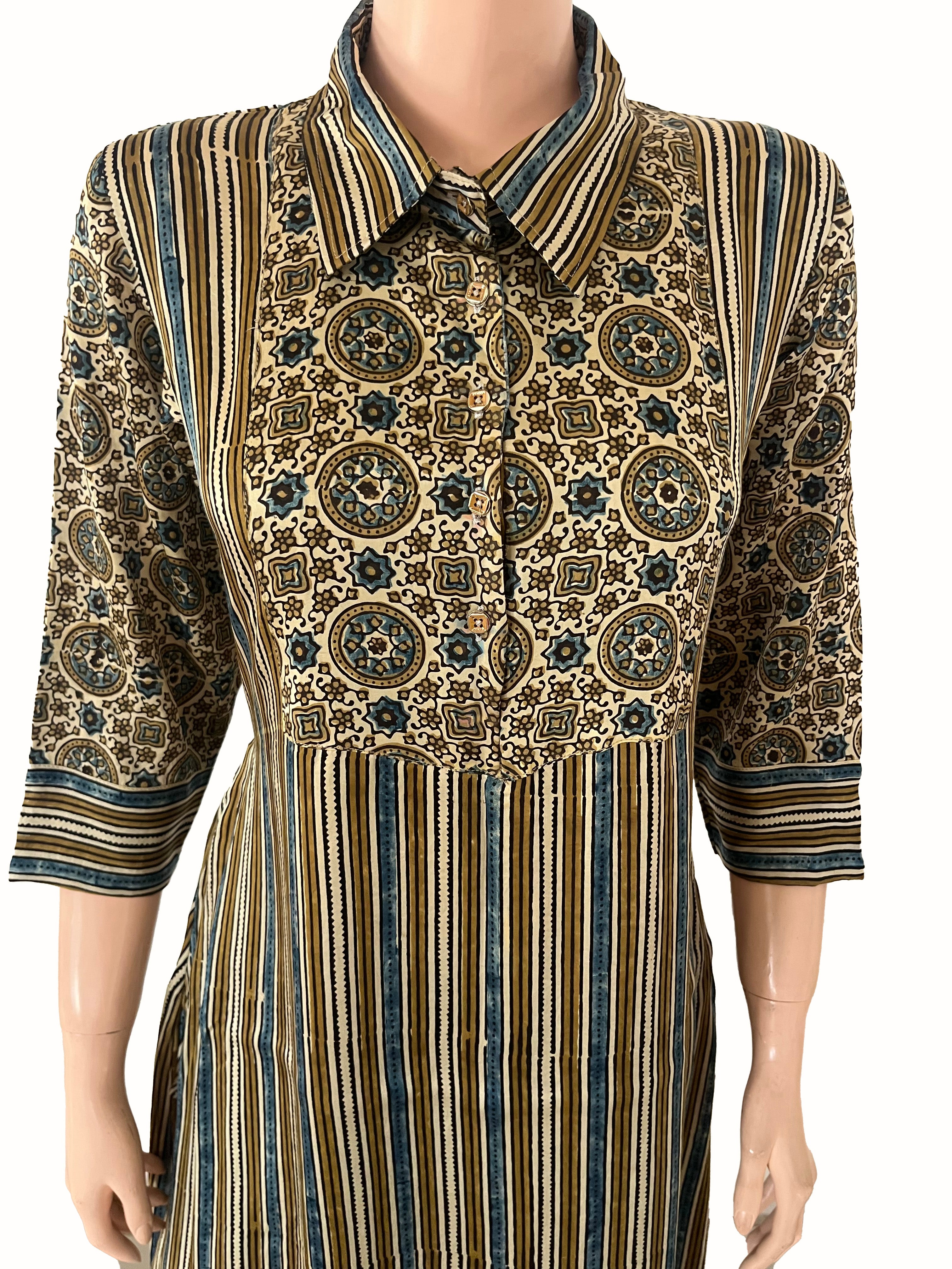 Ajrakh Striped Modal Silk Straight Cut Kurta with Shirt Collar, Golden Color Buttons, 3/4 Sleeves & Pocket , Beige, KS1015
