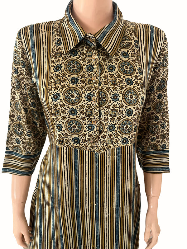 Ajrakh Striped Modal Silk Straight Cut Kurta with Shirt Collar, Golden Color Buttons, 3/4 Sleeves & Pocket , Beige, KS1015