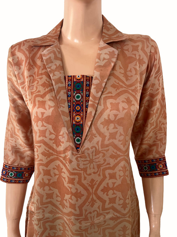 Ajrakh Printed Modal Silk Straight Cut Kurta with Coat Collar, Lace detailing  & Pockets, Peach, KS1016