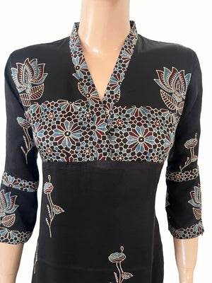 Ajrakh Printed Modal Silk V Collar A Line Kurta with Pockets , Black, KS1012