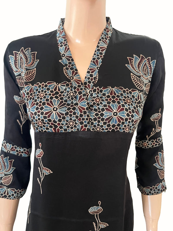 Ajrakh Printed Modal Silk V Collar A Line Kurta with Pockets , Black, KS1012