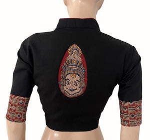 Flex Cotton High neck Blouse with Kalamkari Patches,  Black, BH1337