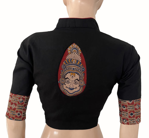 Flex Cotton High neck Blouse with Kalamkari Patches,  Black, BH1337