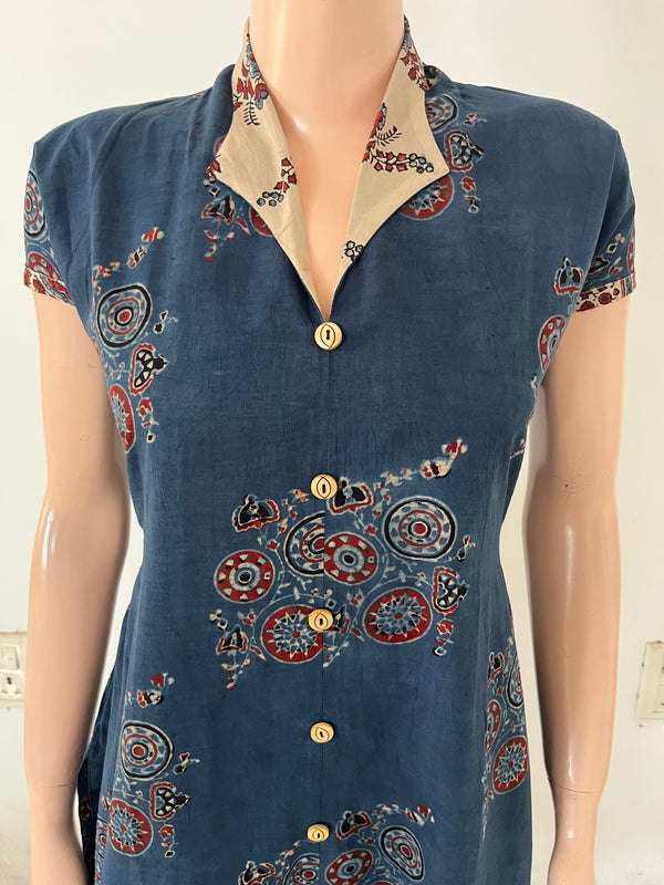Ajrakh Cotton Straight Cut Kurti with Wooden Button and Collar Detailing, Mega Sleeves & Pockets, Blue, KA1064