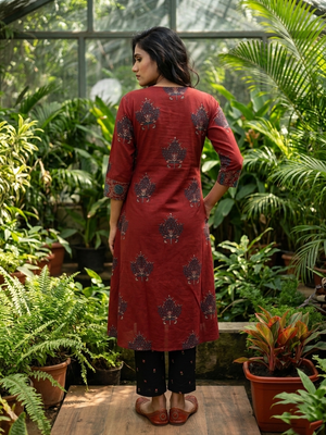 Ajrakh Cotton Jacket Style A Line Kurti with Dori, Lace Detailing & Pockets, Maroon, KA1065