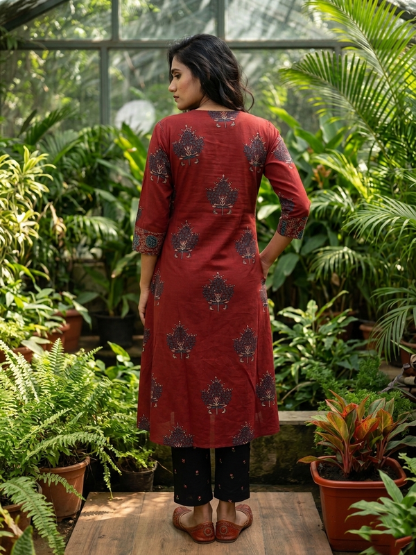 Ajrakh Cotton Jacket Style A Line Kurti with Dori, Lace Detailing & Pockets, Maroon, KA1065