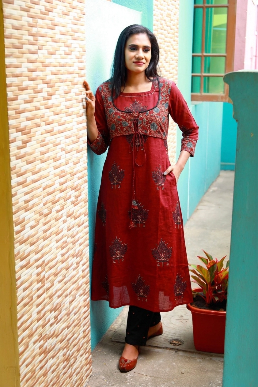 Ajrakh Cotton Jacket Style A Line Kurti with Dori, Lace Detailing & Pockets, Maroon, KA1065