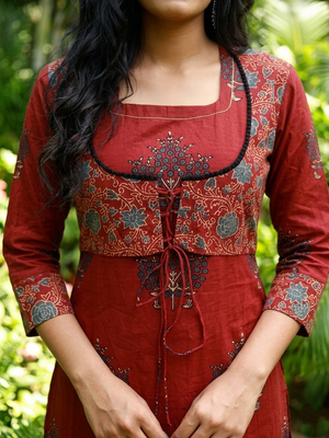 Ajrakh Cotton Jacket Style A Line Kurti with Dori, Lace Detailing & Pockets, Maroon, KA1065