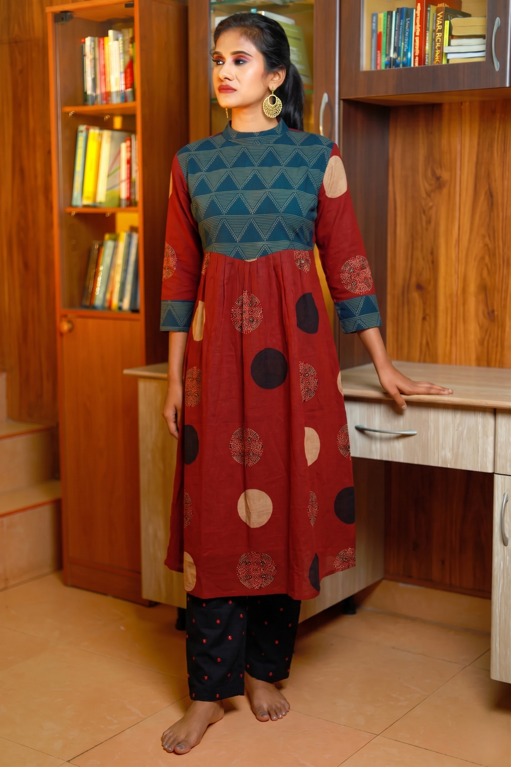 Ajrakh Cotton A Line Kurta with Close Collar & Pockets, Maroon - Blue , KA1067
